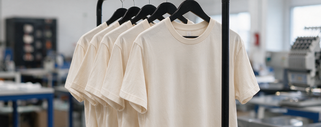 Flere ensfarvede, råhvide T-shirts hænger på bøjler i et værksted