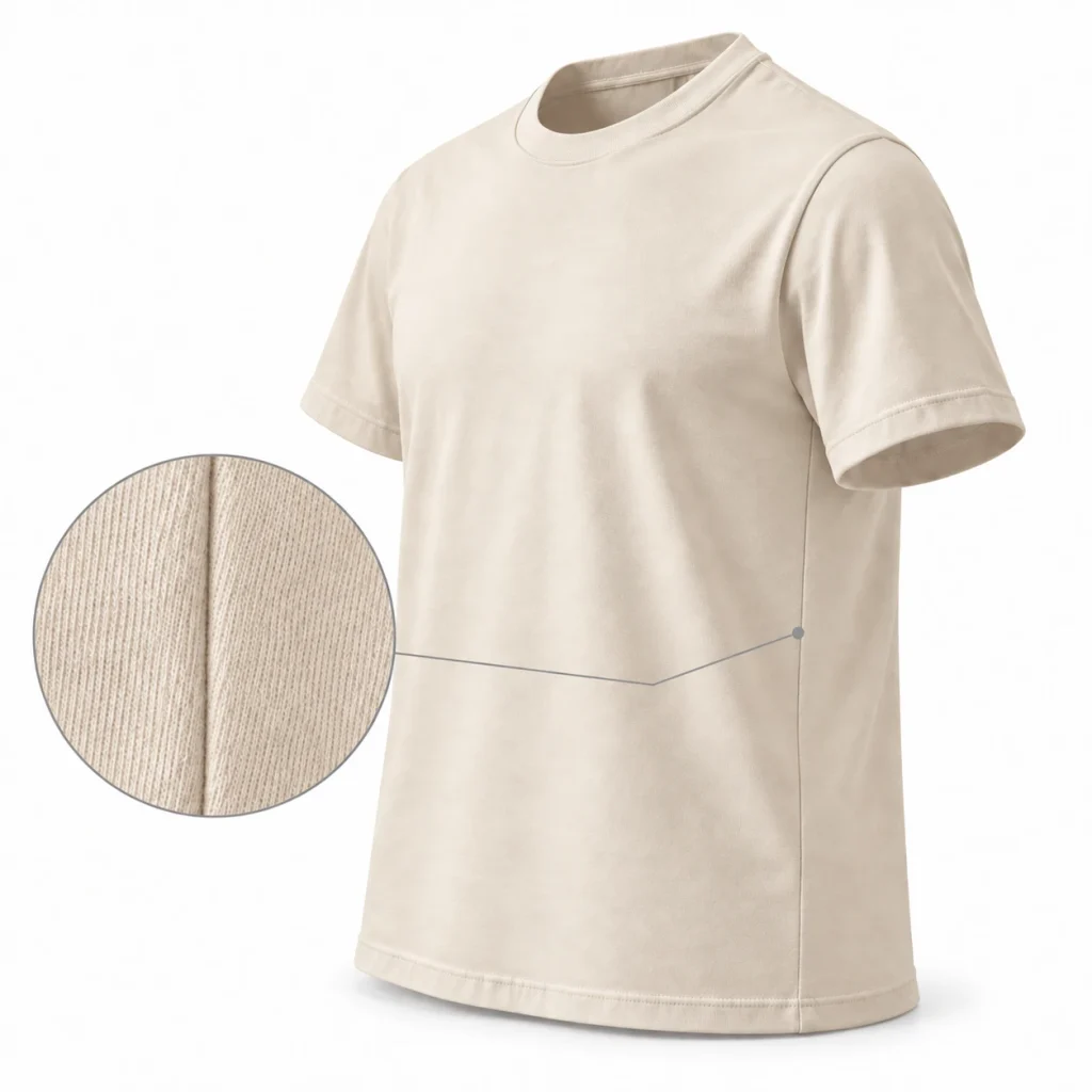 Syet T-shirt i lys farve med synlig sidesøm og forstørret visning af strikstoffet