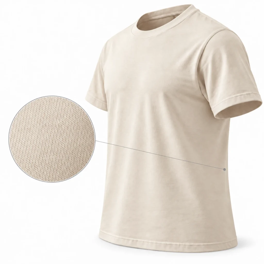 Råhvid rørformet T-shirt uden sidesømme med forstørret strikstruktur ved stoffet